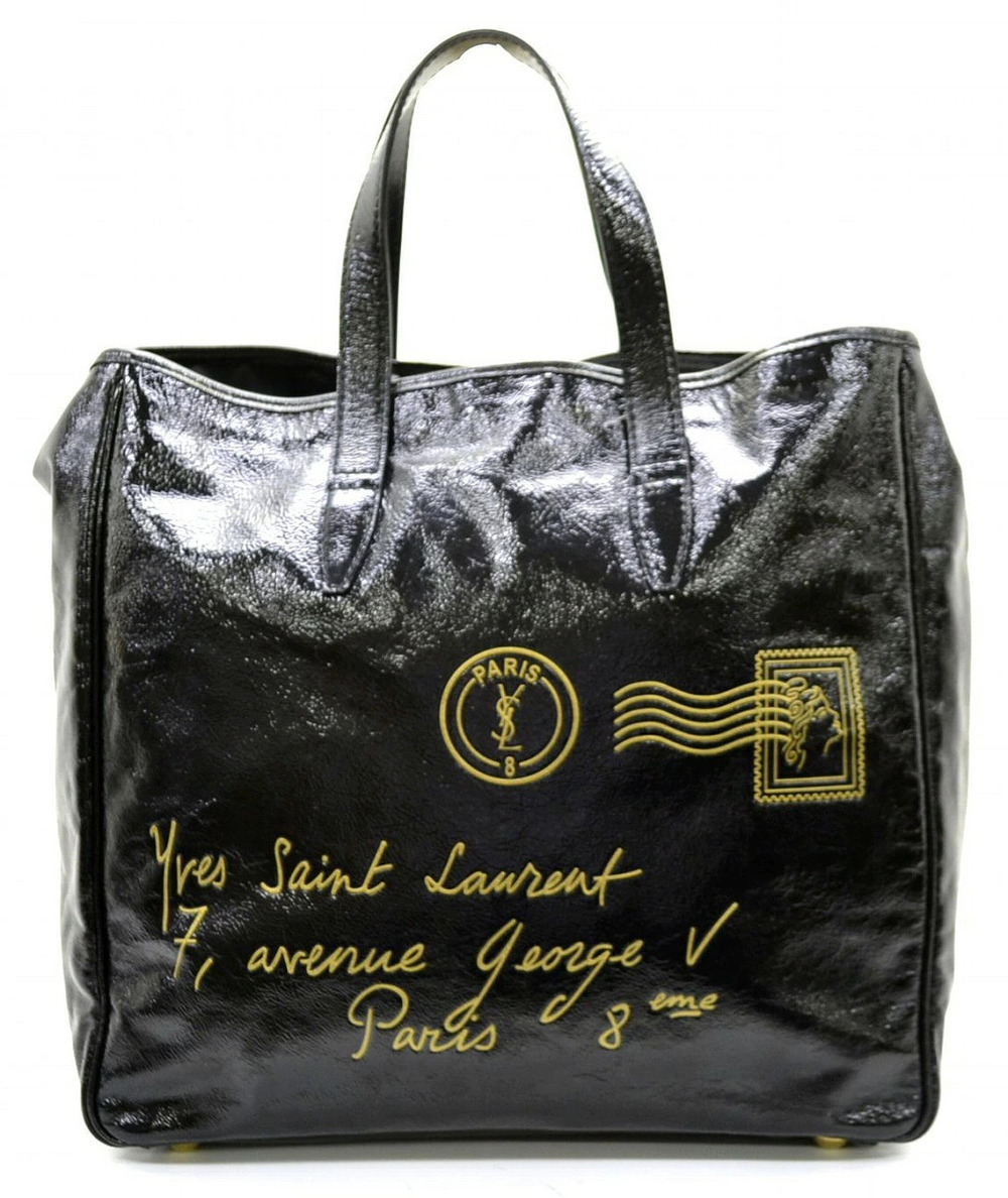 Saint Laurent Yves YSL Yves Y mail Tote Bag Shoulder Patent Vernis Leather Black